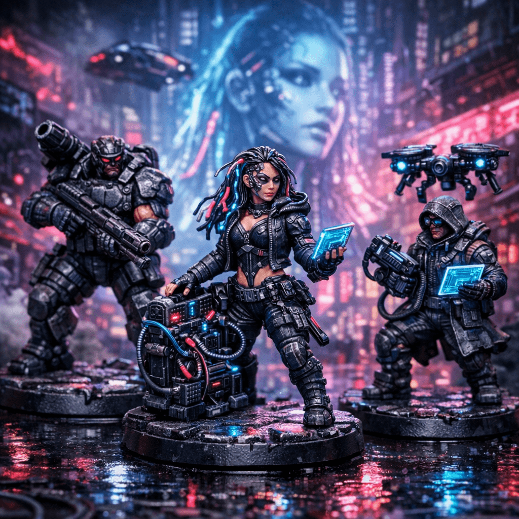 Карточка-ссылка на категорию киберпанк и Sci-Fi миниатюр: фигурки для 3D печати в стиле антиутопичного будущего.