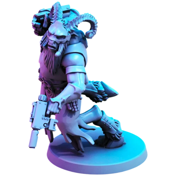 Миниатюра зверолюда Beastkin Strike для Warhammer 40000 — 3D печать смолой, зверь с пистолетом в левой руке, замахивающийся кибернетической правой рукой.