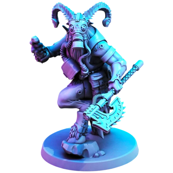 Миниатюра зверолюда Beastkin Strike для Kill Team — 3D печать смолой, с противогазом, гофрированные трубки и массивный боевой топор.