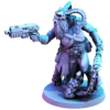 Миниатюра зверолюда Beastkin Strike для Warhammer 40000 — 3D печать смолой, черепообразный шлем, звезда Хаоса на поясе и механическая цепная рука.
