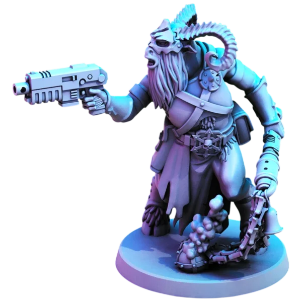 Миниатюра зверолюда Beastkin Strike для Warhammer 40000 — 3D печать смолой, черепообразный шлем, звезда Хаоса на поясе и механическая цепная рука.