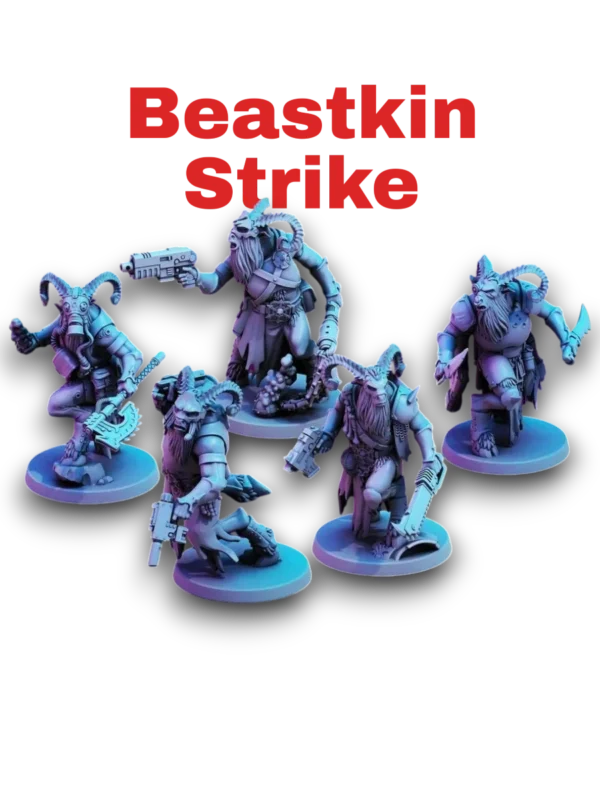 Групповой рендер набора Beastkin Strike для Warhammer 40000 Kill Team — 3D печать смолой, 5 модульных зверолюдей в масштабе 32 мм.