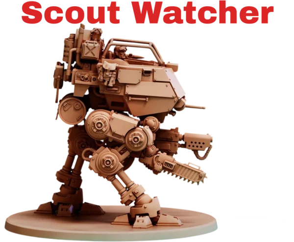 Sci-fi рендер шагохода DESERT HAWKS SCOUT WATCHER в пустыне — 3D печать смолой, категория киберпанк, открытая кабина с пилотом.