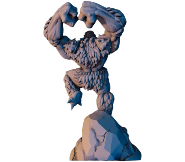 Рендер миниатюры Морозного Тролля сзади — 3D печать смолой, детали густого меха на спине и каменистая база.