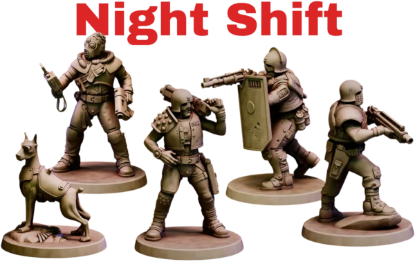Групповой рендер отряда Night Shift — 3D печать смолой, 4 бойца и кибер-собака для настольных игр и Necromunda.