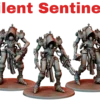 Групповой рендер отряда Silent Sentinels — 3D печать смолой, готический киберпанк, три экзо-стража с шипастыми наплечниками.