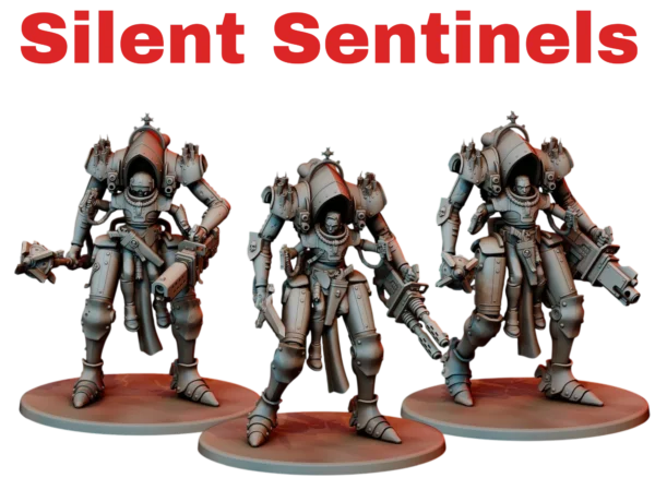 Групповой рендер отряда Silent Sentinels — 3D печать смолой, готический киберпанк, три экзо-стража с шипастыми наплечниками.